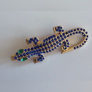 Blue and Gold  Rhinestone Lizard Brooch